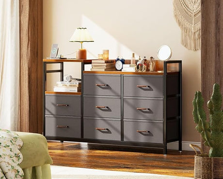 Dresser for Bedroom with Charging Station, 52" Long Dresser with 8 Storage Drawers, Large Fabric Dressers Chests of Drawers with Shelves, Black and Vintage