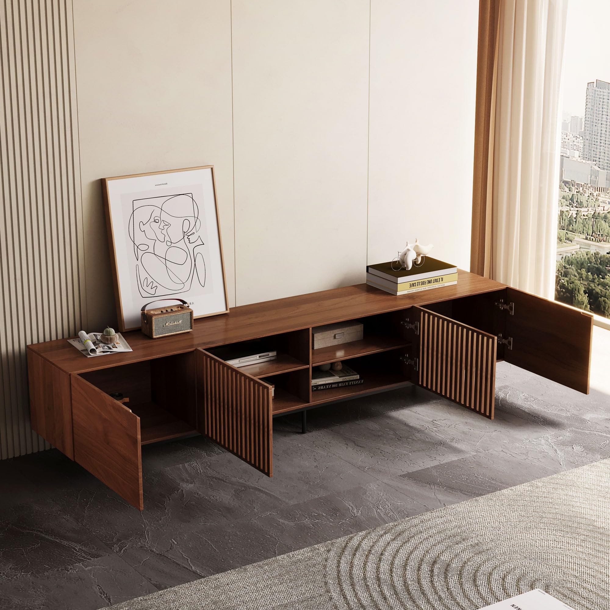 94.5" Mid-Century Modern TV Stand for 80+ Inch TVs - Walnut Entertainment Center