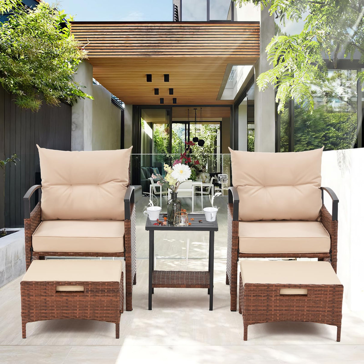 5 Pieces Patio Furniture Set, Outdoor Rattan Chairs with Metal Coffee Table