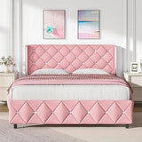 Upholstered Full Size Bed Frame with Diamond Headboard, Faux Leather Low Profile