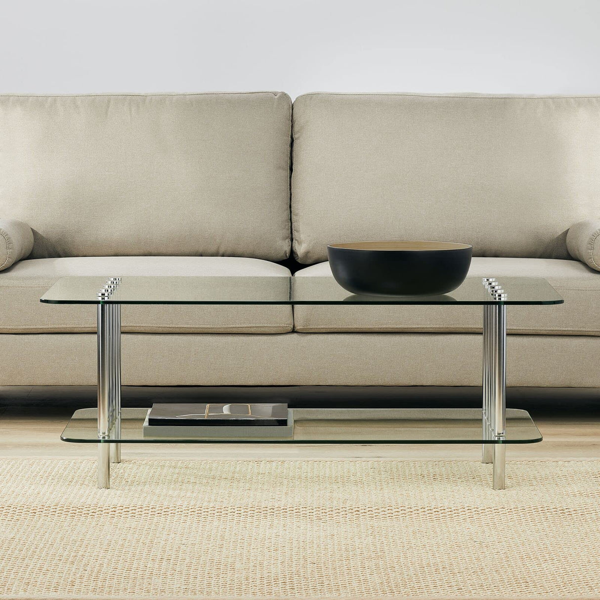 Long Glass Top Coffee Table - Modern Decorative Accent Metal Rectangular Furniture