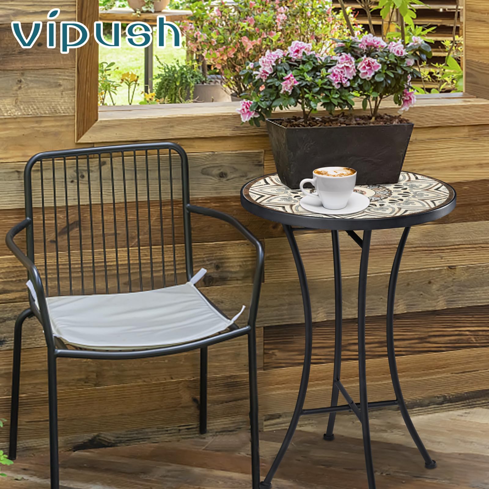 Mosaic Outdoor Side Table, 14" Round Folding Plant Stand for Patio Garden Backyard