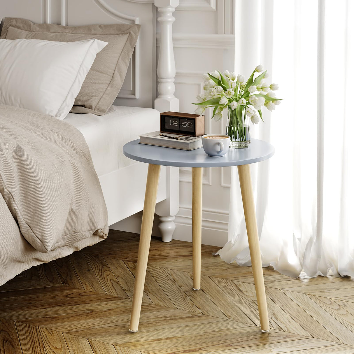 Table, Blue Grey End Table for Small Spaces, Nursery Round Side Table Small Bedside