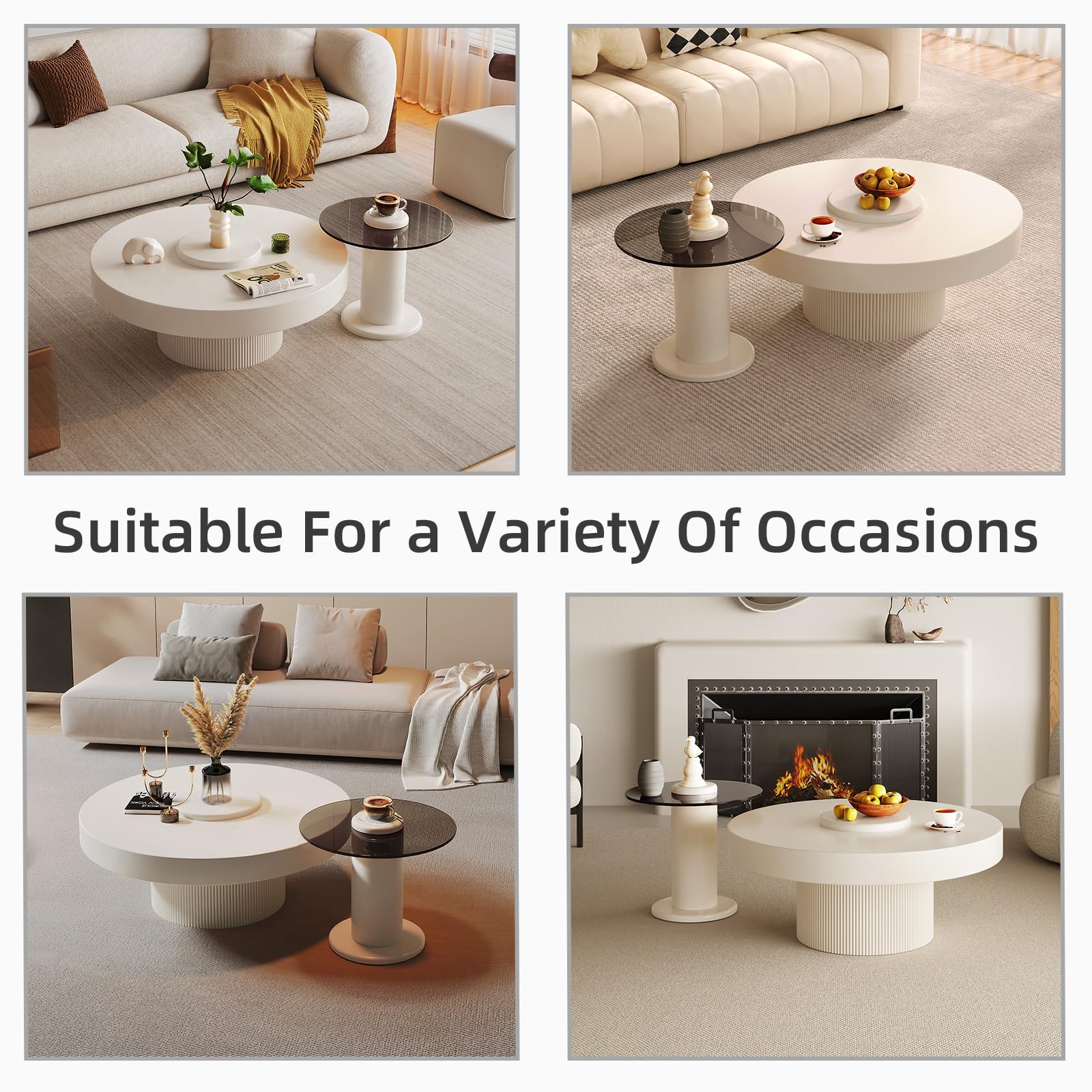 Round Nested Coffee Table Set, Creamy White Coffee Table and Tempered Glass Side Table Set, 2 in 1 Modern Nesting Coffee Table,