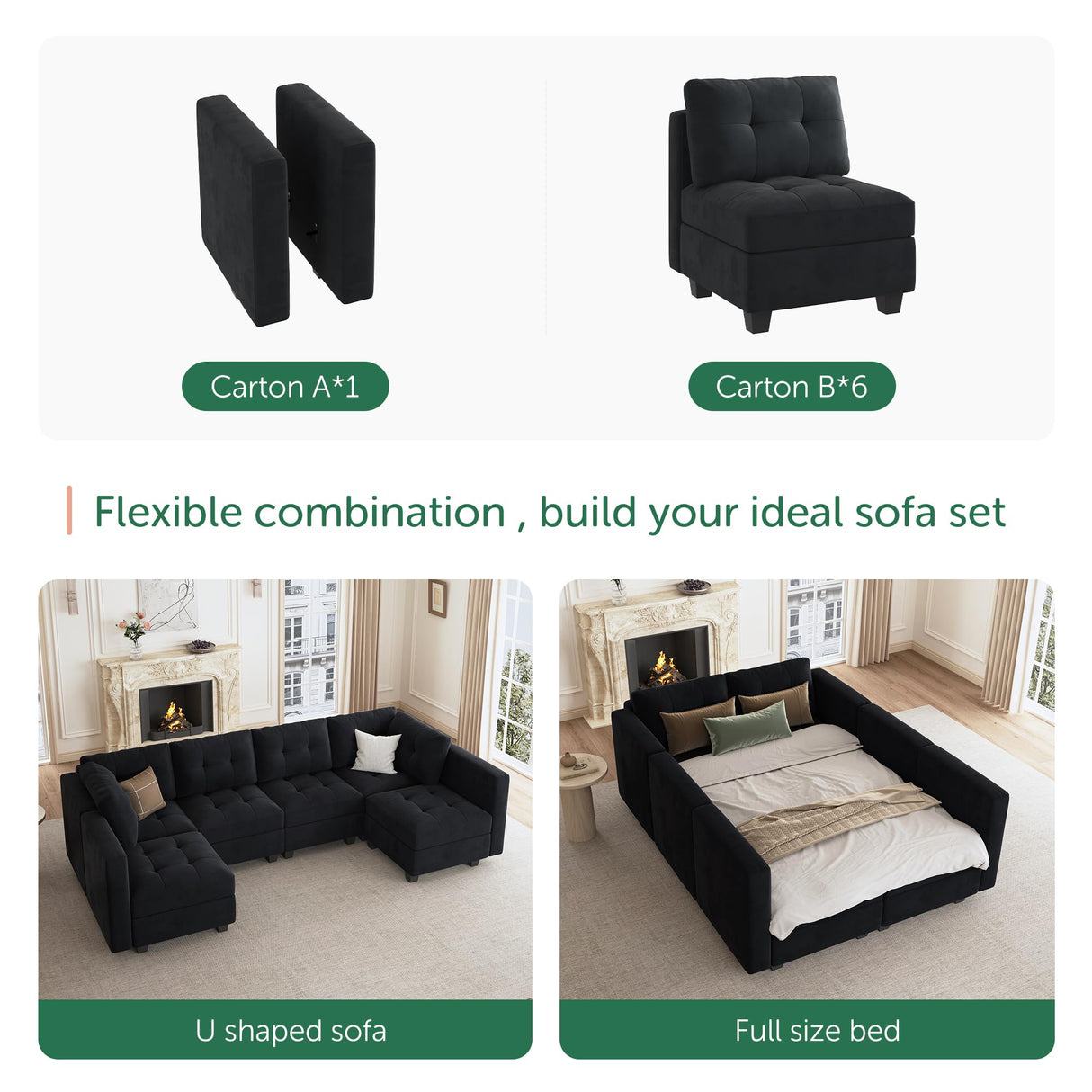 Modular Sectional Sofa Velvet U Shaped Couch with Double Chaises 6 Seater Sectional Sofa with Storage, Black