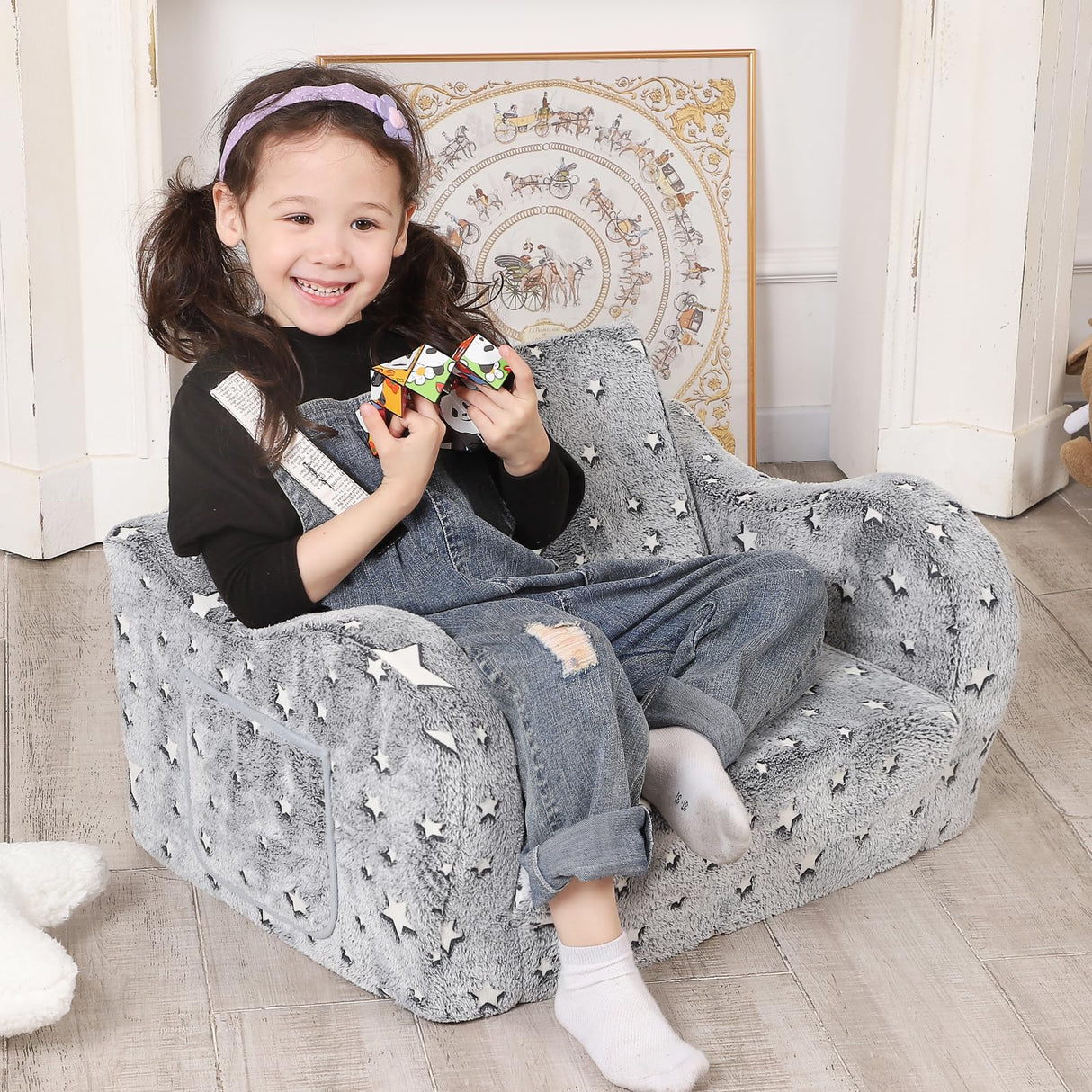 Star Glow in The Dark Toddler Couch, 2-in-1 Toddler Soft Couch Fold Out with Star Pillow