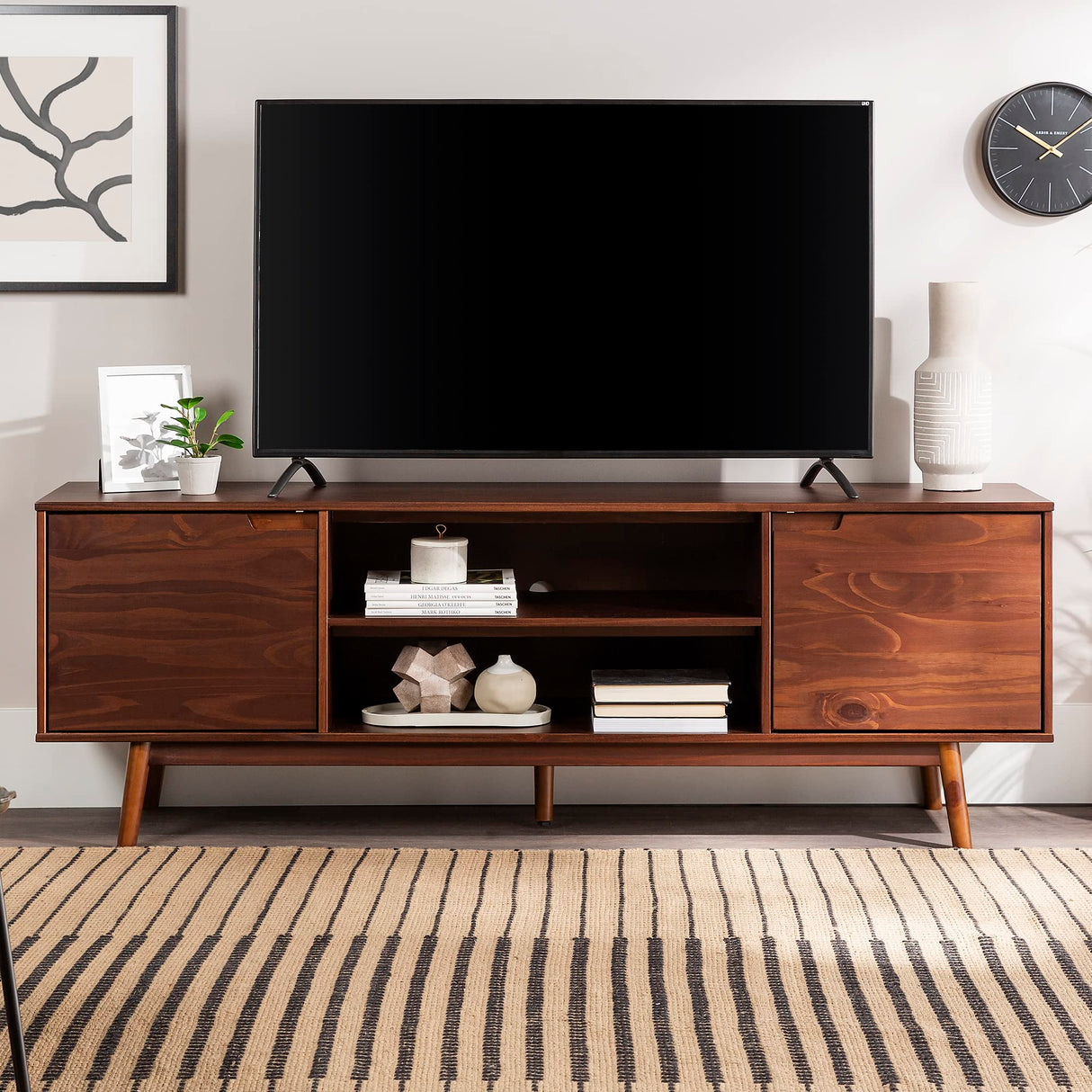 Walker Edison Emery Mid Century Modern Solid Wood TV Stand for TVs up to 80 Inches 70 Inch Walnut