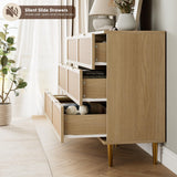 Rattan 6 Drawer Dresser for Bedroom, Large Double Dresser with Deep Drawers, Chest of Drawers for Closet with Wide Top, Long Wooden Dresser for Living Room, Hallway, Kids Room, Natural