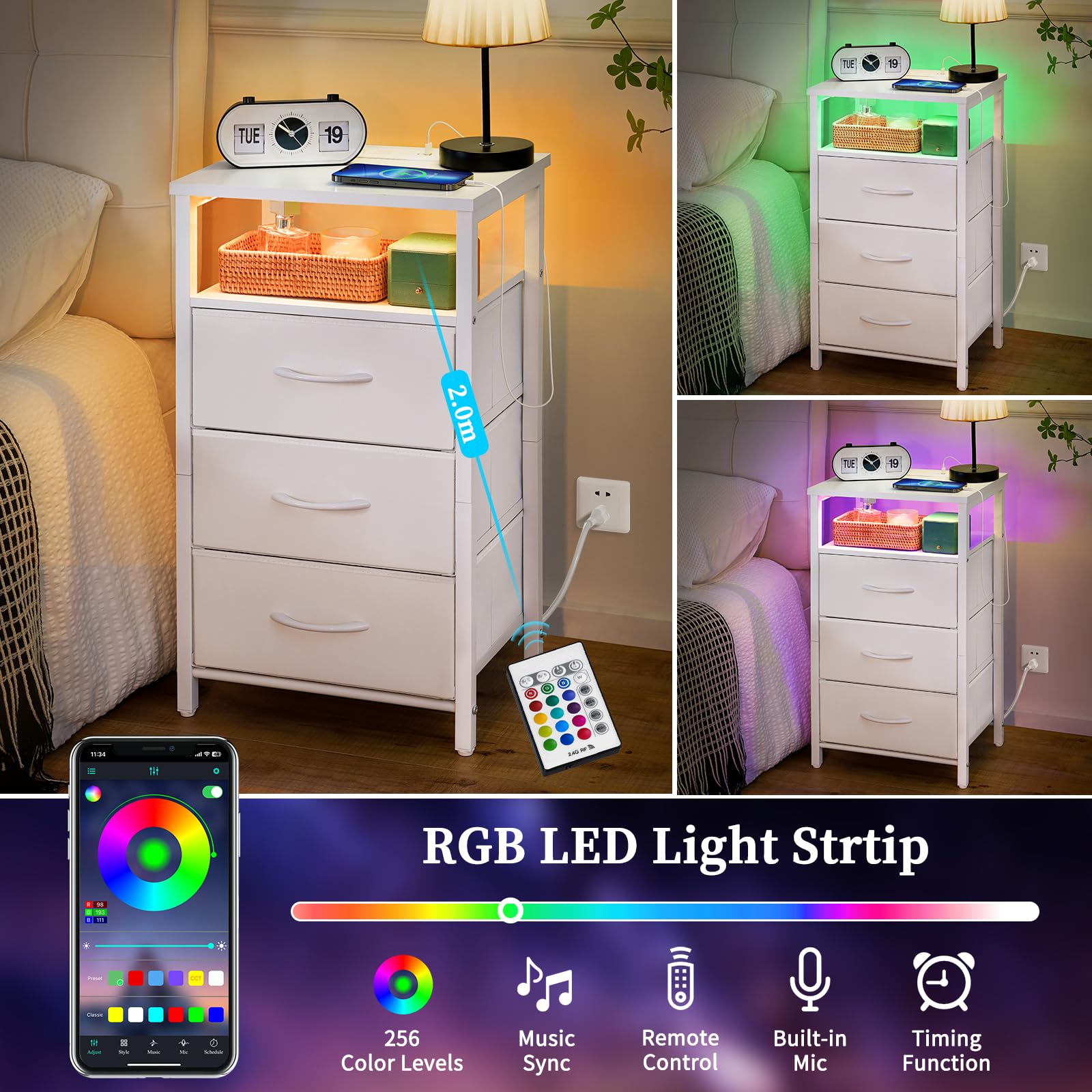 Night Stand with Charging Station, 16 Colors LED Nightstand