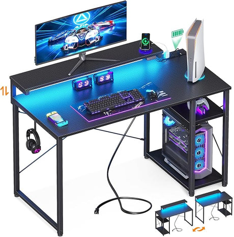 Small Computer Desk with Led Lights & Power Outlet, 40 Inch Reversible Writing Desk