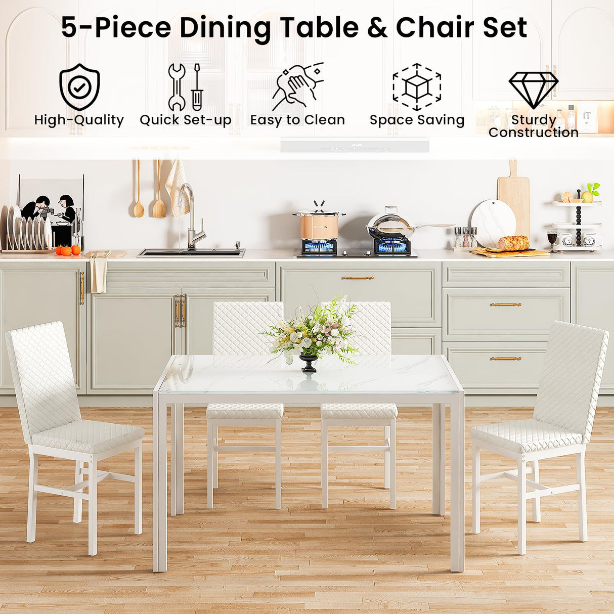 Dining Room Table Set for 4, 5-Piece Kitchen Table Chairs Set of 4, Glass Dining Table & PU Leather Chairs,