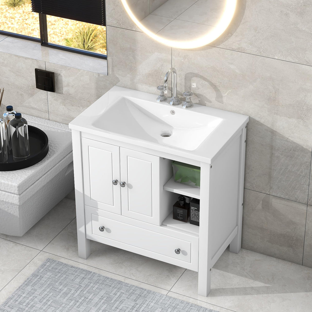 30 Inch Bathroom Vanity Cabinet with Ceramic Sink, Drawers and Doors, Adjustable Shelf