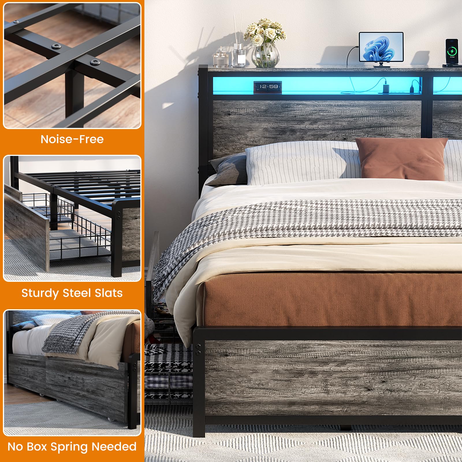 King Size Bed Frame with Storage Drawers and Charging Station
