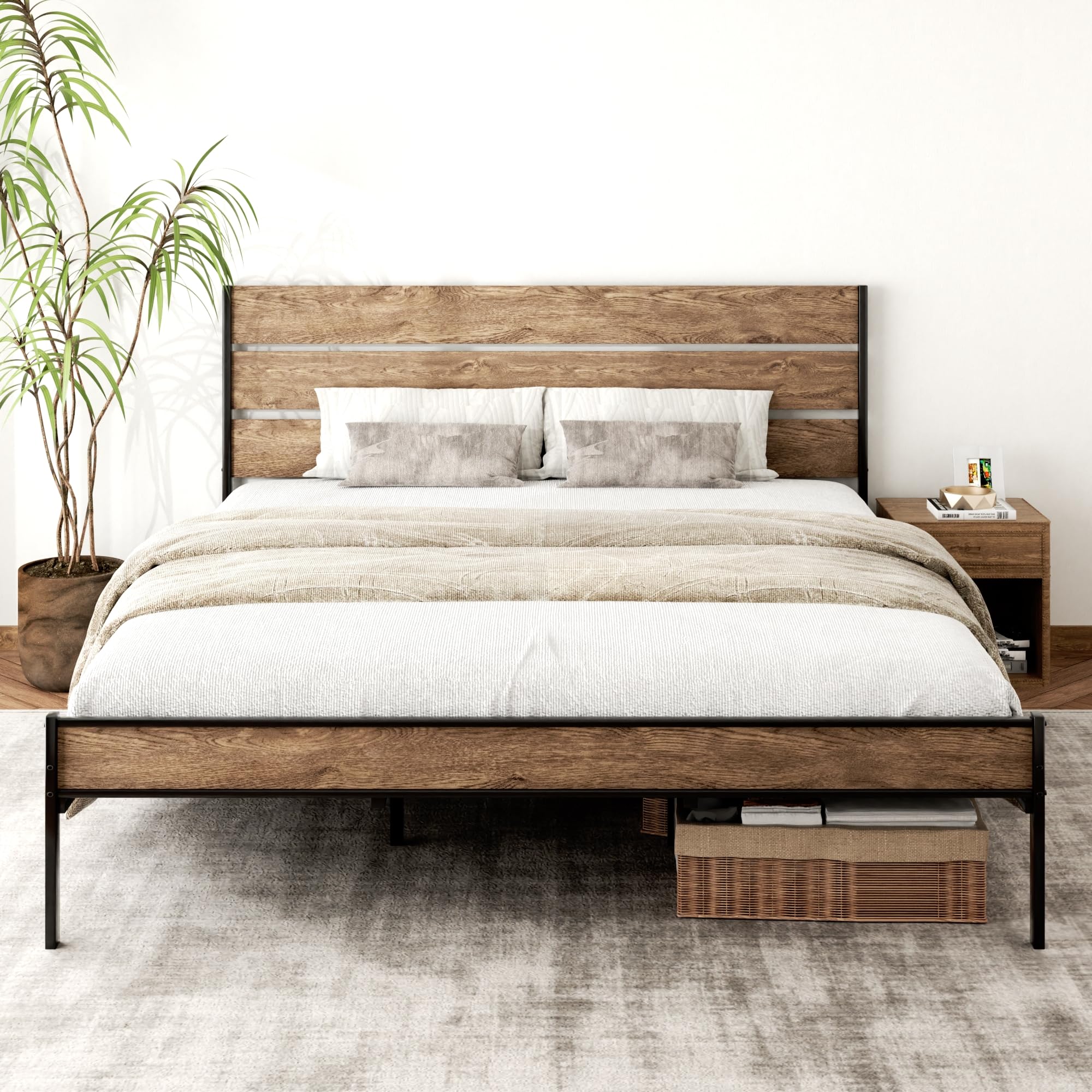 Bed Frame with Modern Wooden Headboard and Footboard, Easy Assembly, No Box