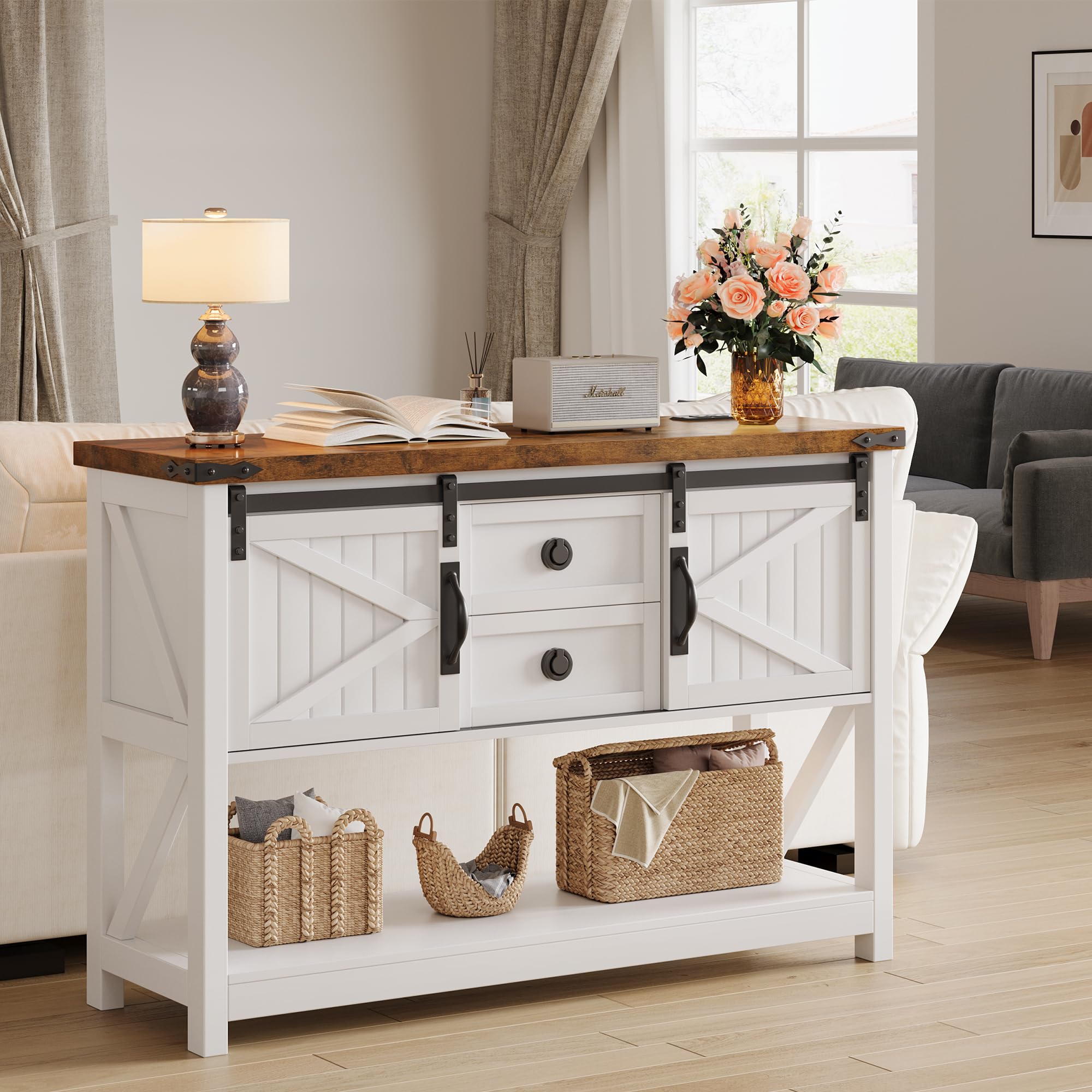 Farmhouse Entryway Table w/Type-C Charging Station, Industrial Rustic Console Sofa Table