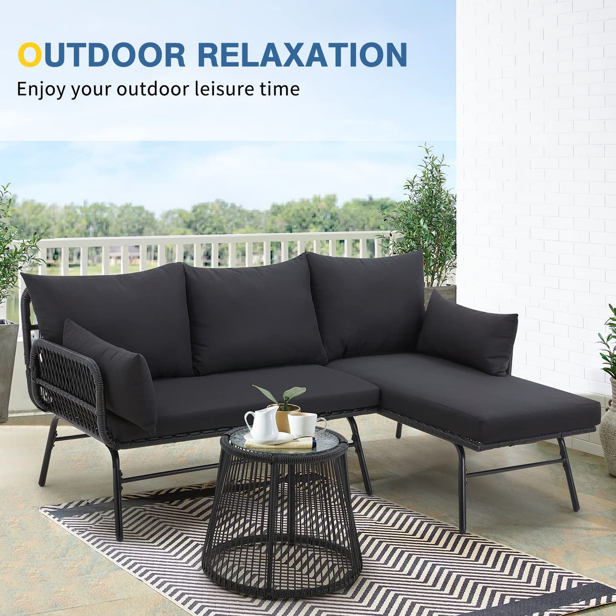 3 Piece Patio Conversation Sets, L-Shaped Sectional Patio Furniture Sofa Set