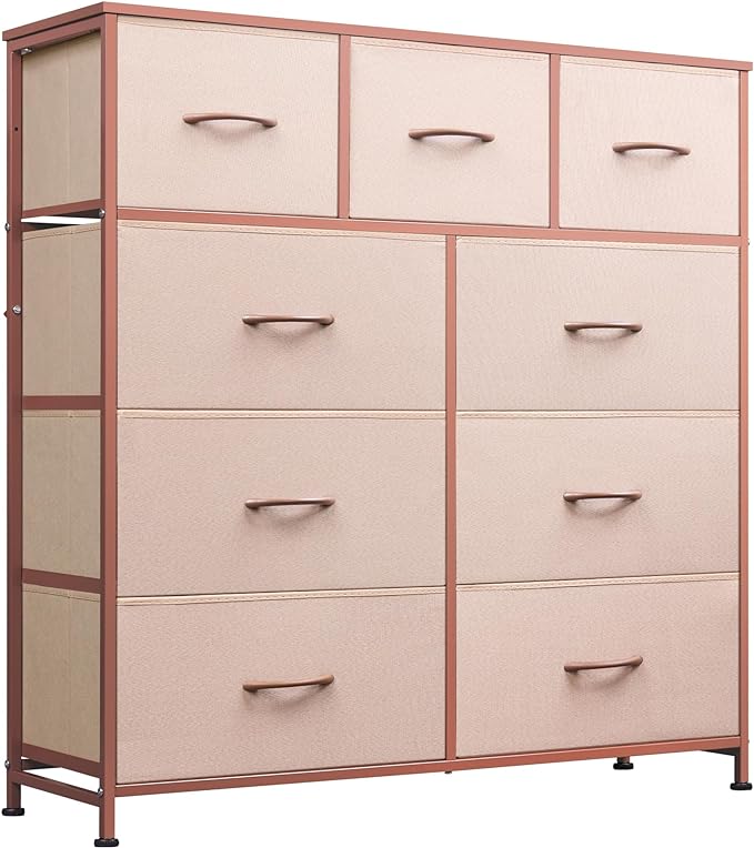 9-Drawer Dresser, Fabric Storage Tower for Bedroom, Hallway, Entryway, Closet, Tall Chest Organizer Unit with Fabric Bins, Steel Frame, Wood Top, Easy Pull Handle, Floral Painted