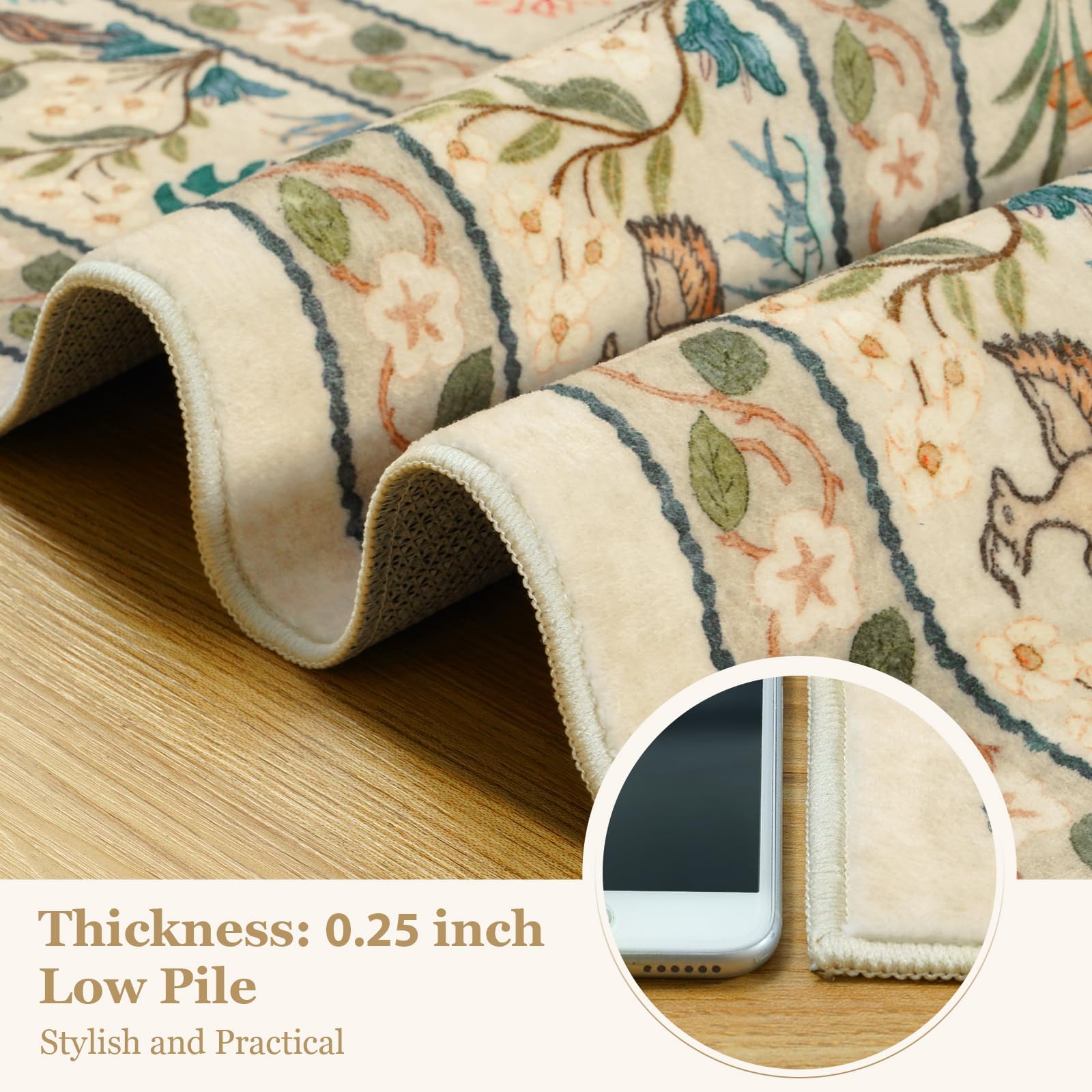 OJIA 8x10 Area Rugs for Living Room Bedroom Large Washable Rugs, Thin Boho Beige Nursery Rug Non-Shedding Kids Playroom Rug Floral Stain Resistant Large Carpet Accent Rugs for Dining Farmhouse