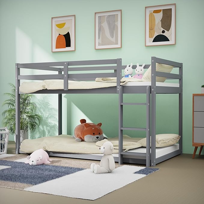 Bunk Bed Twin Over Twin, Floor Bunk Bed with Ladder, Solid Wood Low Twin Bunk Beds