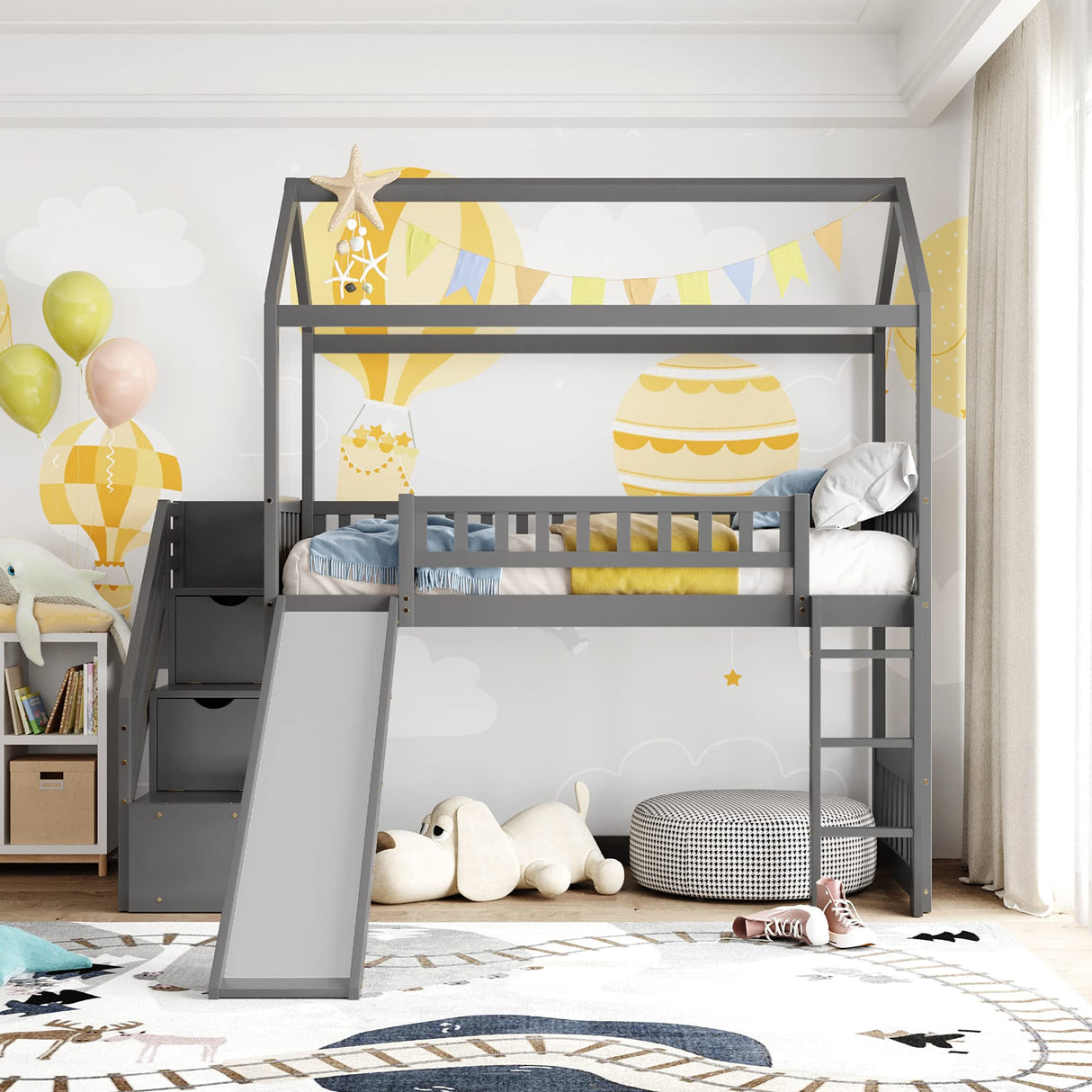Twin Loft Bed with Stairs and Slide, Wooden House Loft Bed Twin Size