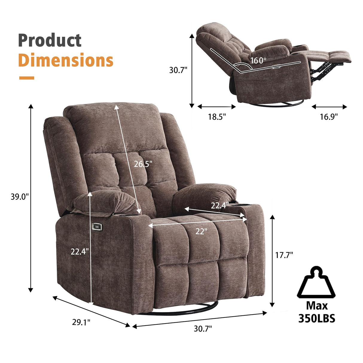 Ketaiyou Power Swivel Rocker Recliner Massage Chair, USB and Type-C Ports, Electric Recliner Glider Reading Chairs Living Room, Upholstered Soft Fabric Reclining Sofa Chair (Fabric Coffee)