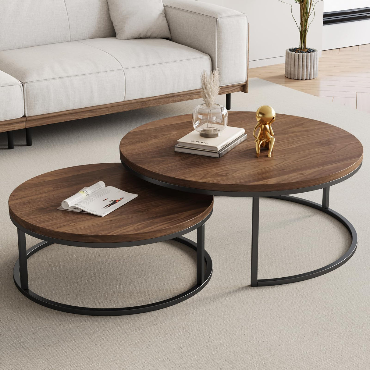 Round Nesting Coffee Table Set of 2,Modern Coffee Table Stacking Living Room Accent Tables,Minimalist Side Table and Tea Table Set for Living Room,Bedroom,Office