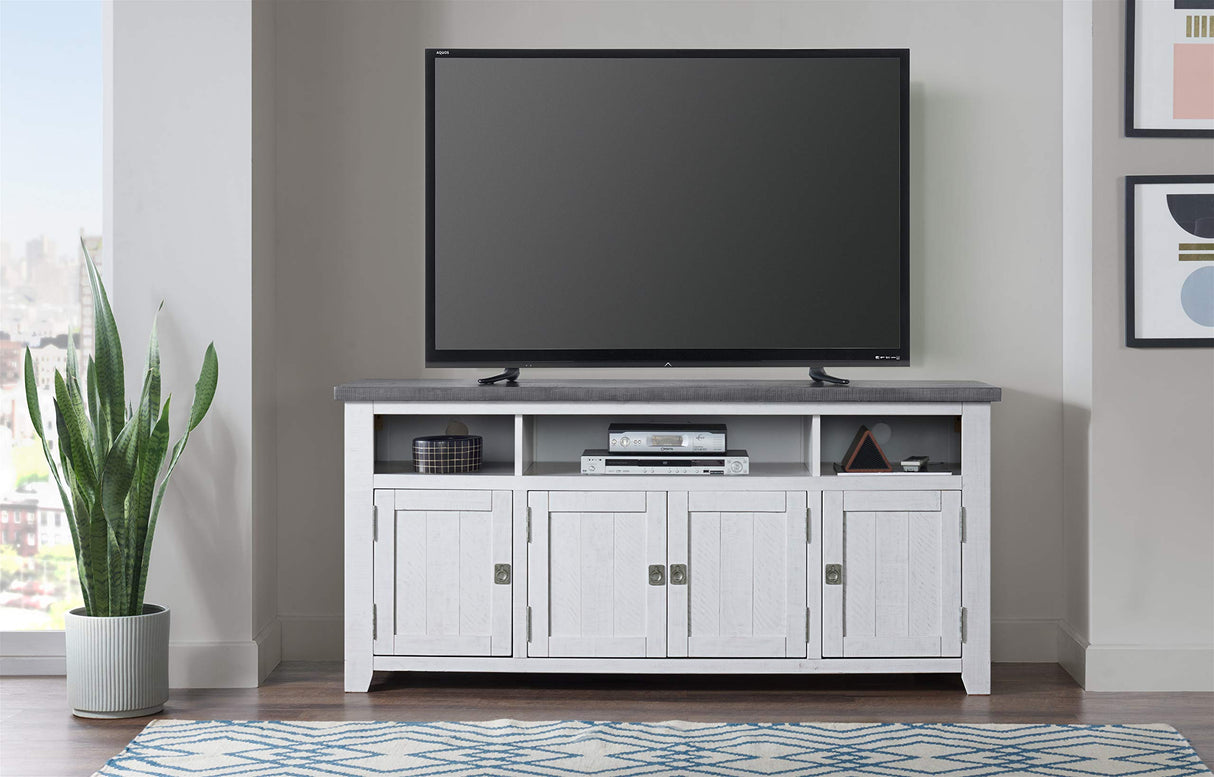 Foundry 65" TV Stand, White Stain with Grey Top