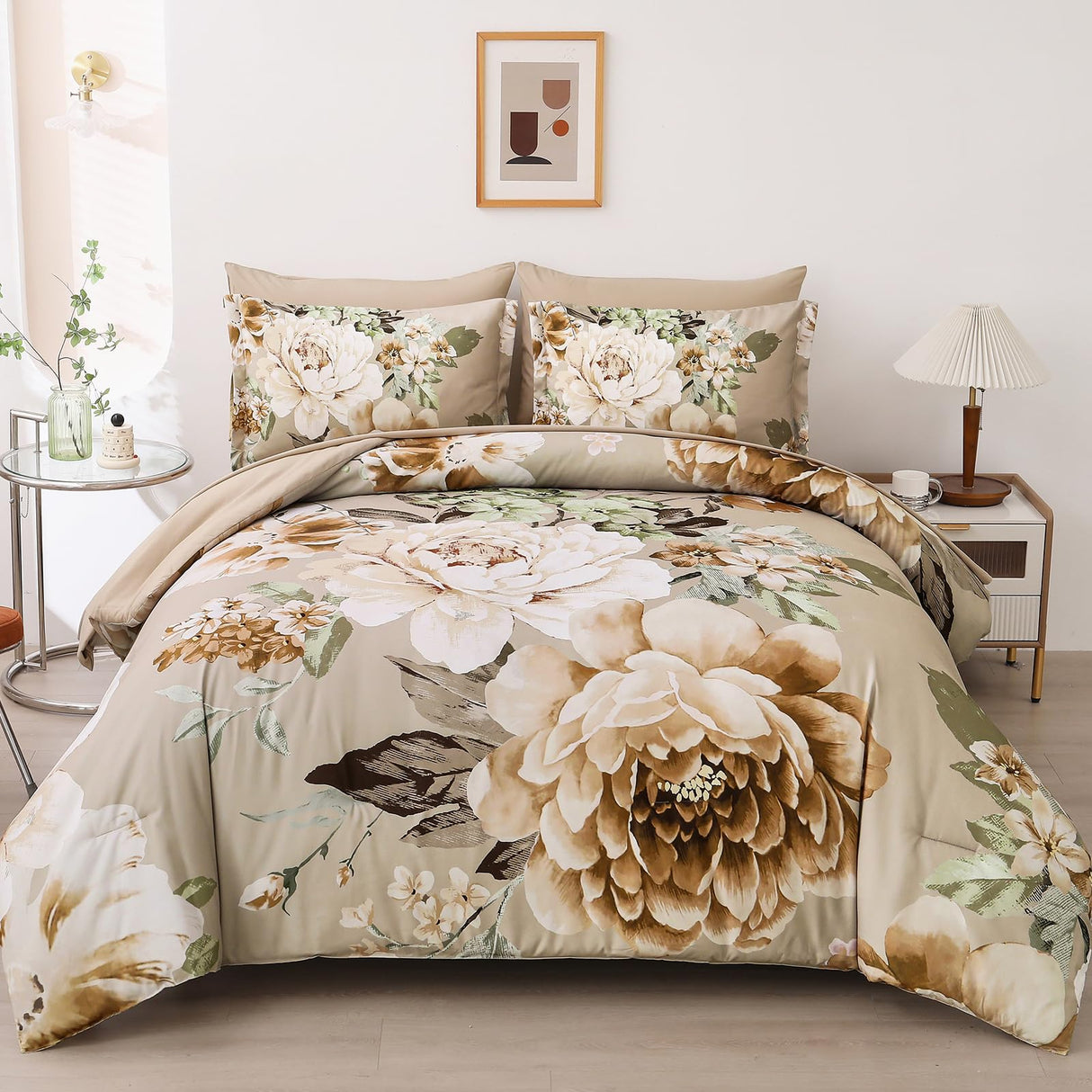 Khaki Comforter Set King Size 7 Pieces Floral Bed