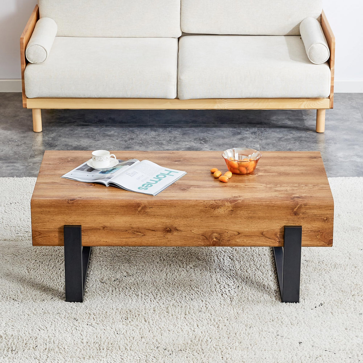 Rectangle Rustic Coffee Table, Modern Farmhouse Wood Simple Coffee Table