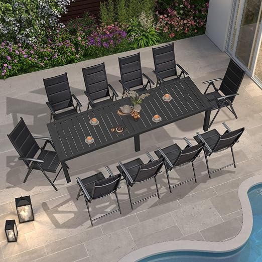 Outdoor Patio Dining Set with 8 Folding Portable Chairs and 1 Rectangle