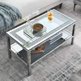 Mirrored Glass Coffee Table, Modern Side Coffee Table with Transparent Tempered Glass