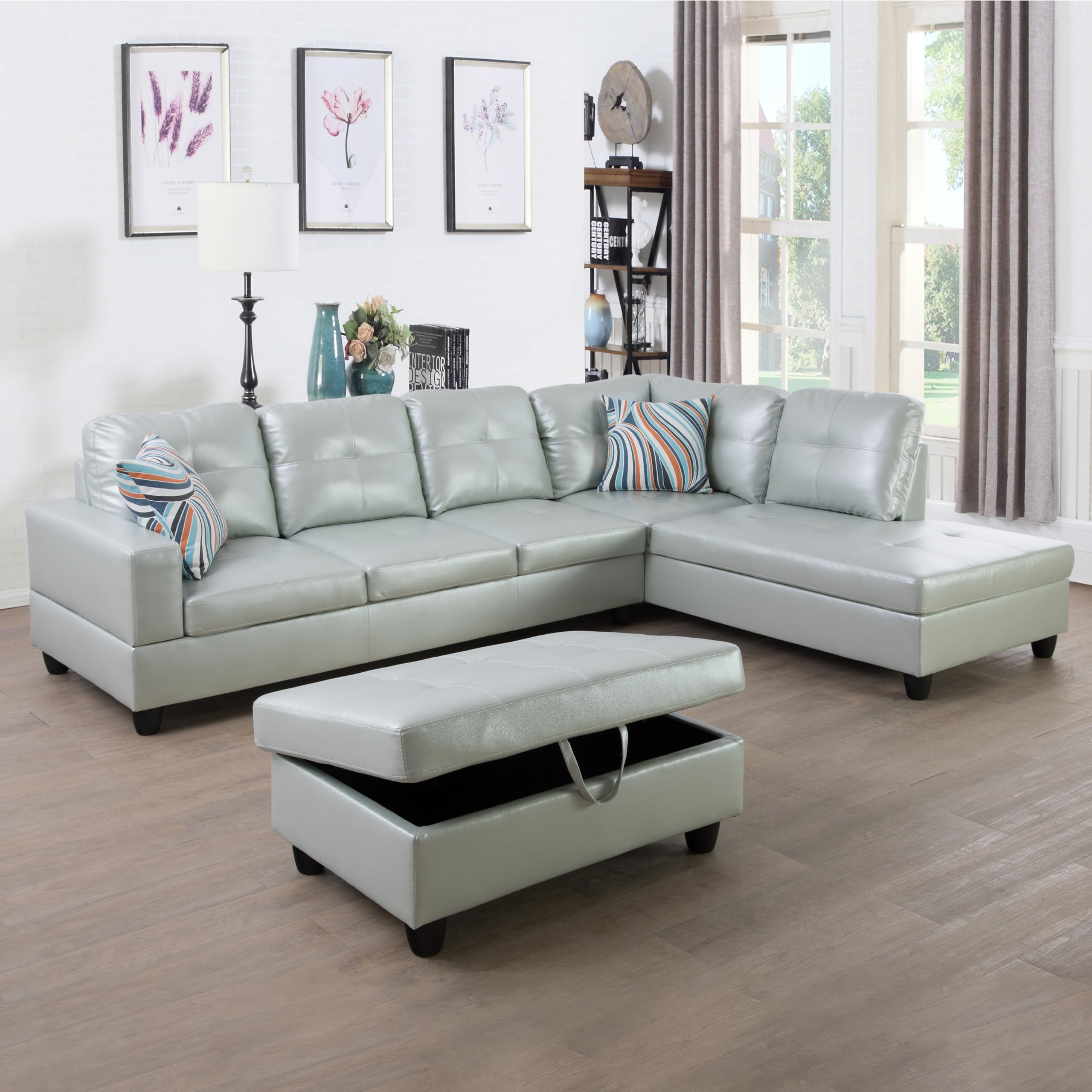 MZX-Carl-SS-00016-LWJ Sectional, 103.5"x74.5"x35", Silver Green R
