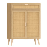 Accent Floor Storage Cabinet with Rattan Doors, Bathroom Cabinet with Large Drawer, Freestanding Storage Cabinet Organizer, Natural BMGZ107M