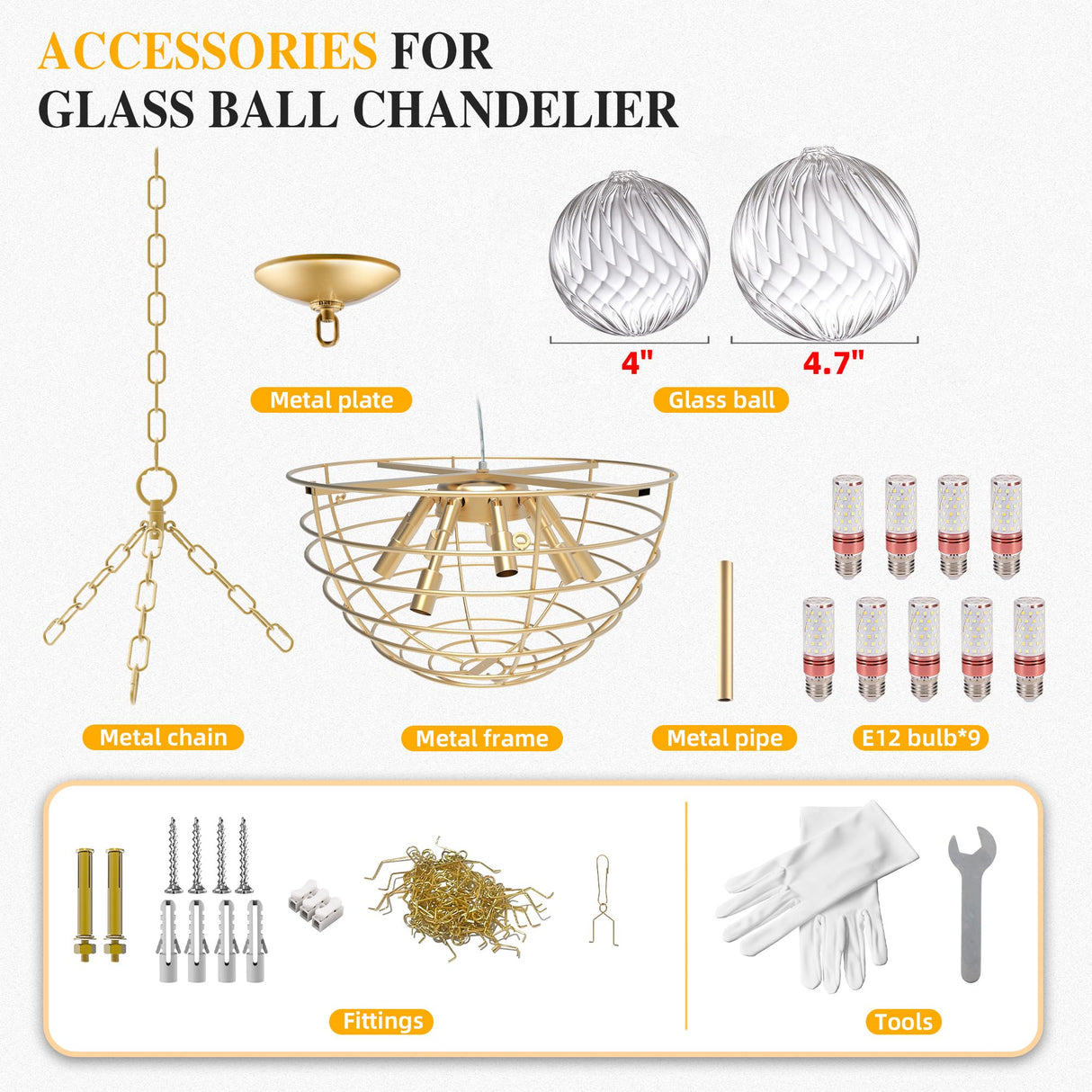 Nordic Bubble Ball Swirled Glass Chandelier, Dia 32" Gild Gold and Clear Modern Hand