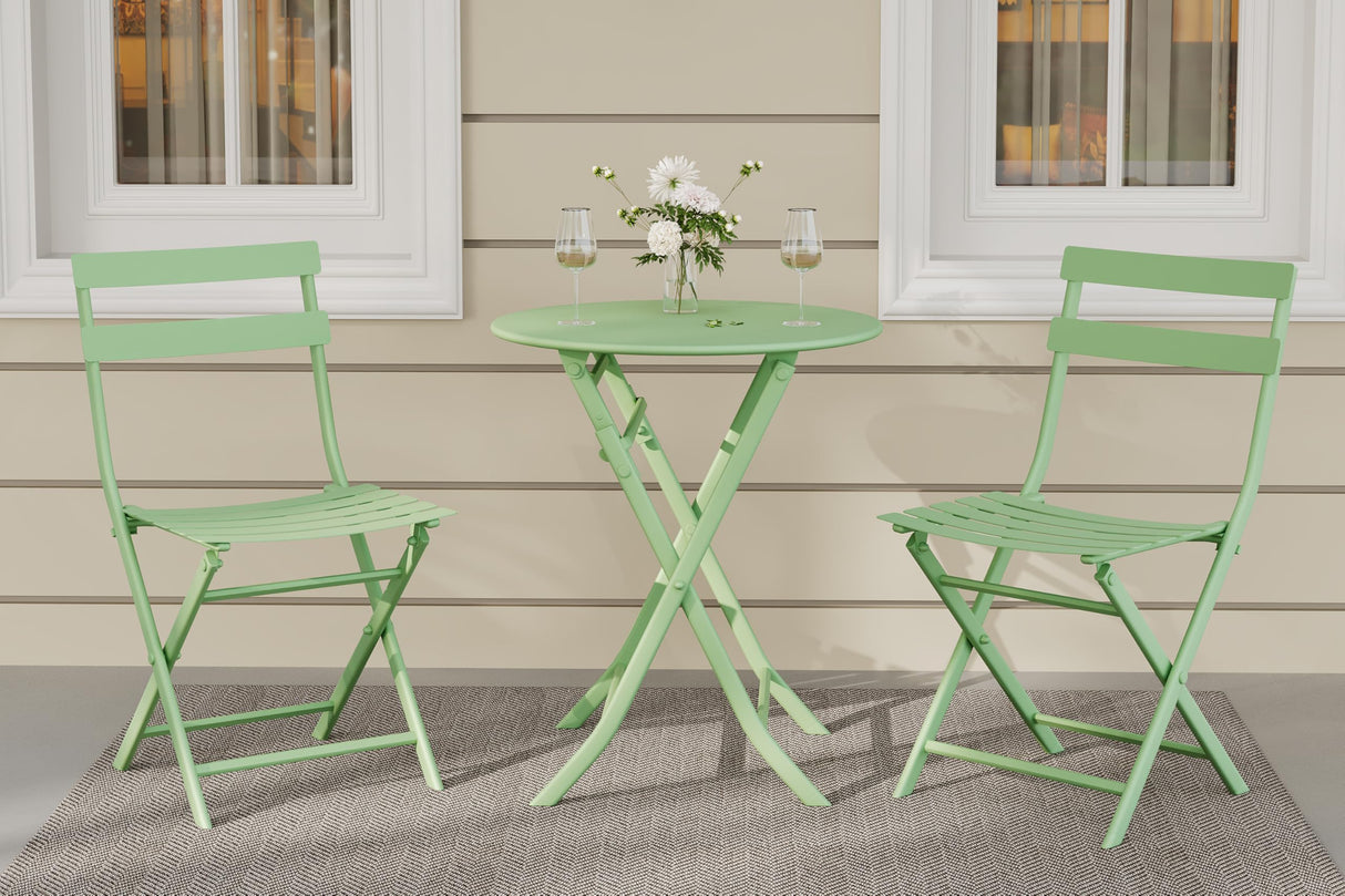 3-Piece Patio Bistro Sets, Outdoor Space-Saving Folding Bistro Table and Chairs, Patio Furniture Set with Strong Round Tube Metal Frame, Weather Resistant Conversation Set for Yard Garden, Green