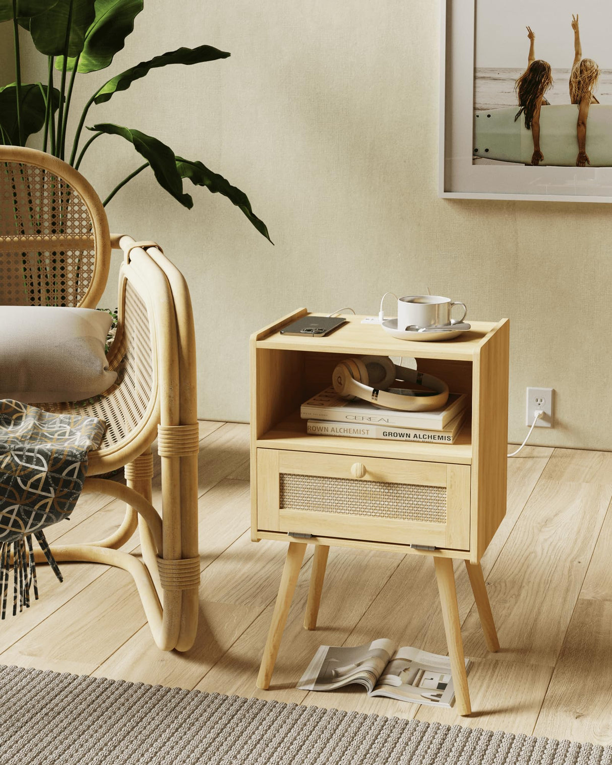 Rattan Nightstand，Farmhouse Bedside Table with Storage Drawer and Open Shelf