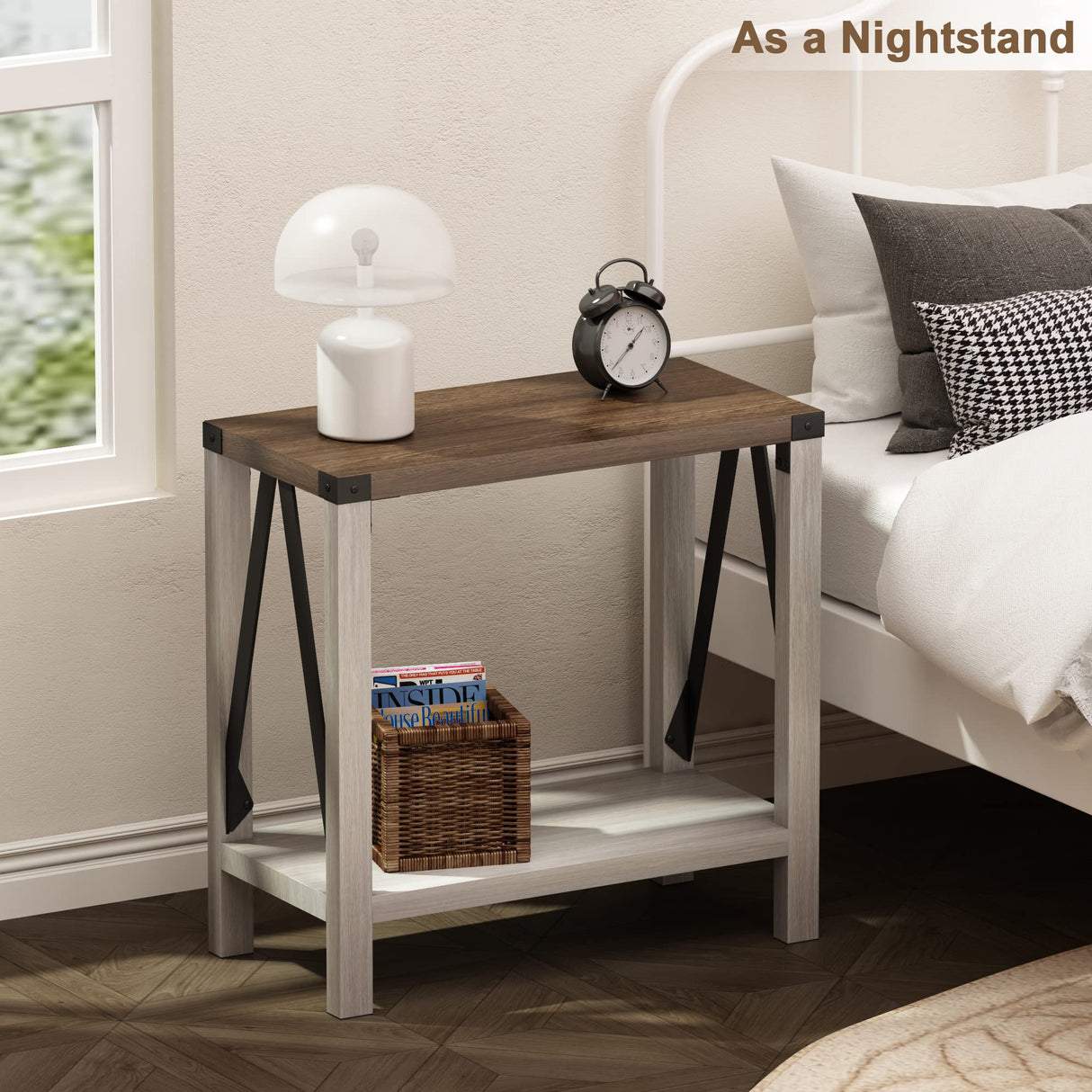 Farmhouse End Table for Small Spaces, Narrow side End table with Storage Shelf