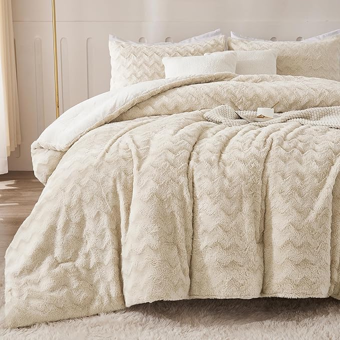 Grey Fleece Comforter Set Queen Size, 3 Pieces Fuzzy Fluffy Faux Fur Bedding Comforter Set for Queen Bed