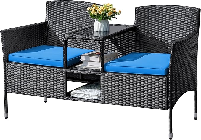 Outdoor Furniture Patio Loveseat Wicker 2-Seat with Built-in Table and Cushions