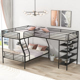 Twin Over Full L-Shape Bunk Bed with Storage Shelves 3 Beds Bunked Metal Frame Black Corner Loft Bed for Three Kids Teens Boys Girls