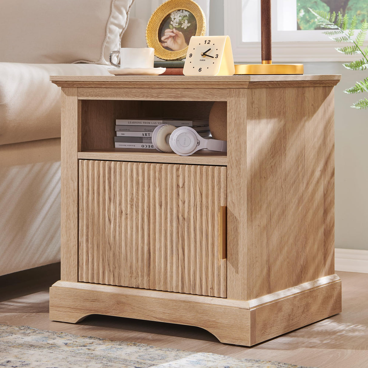 Fluted Nightstand with Charging Station, 22" Large Modern Side Table, Wood End Table