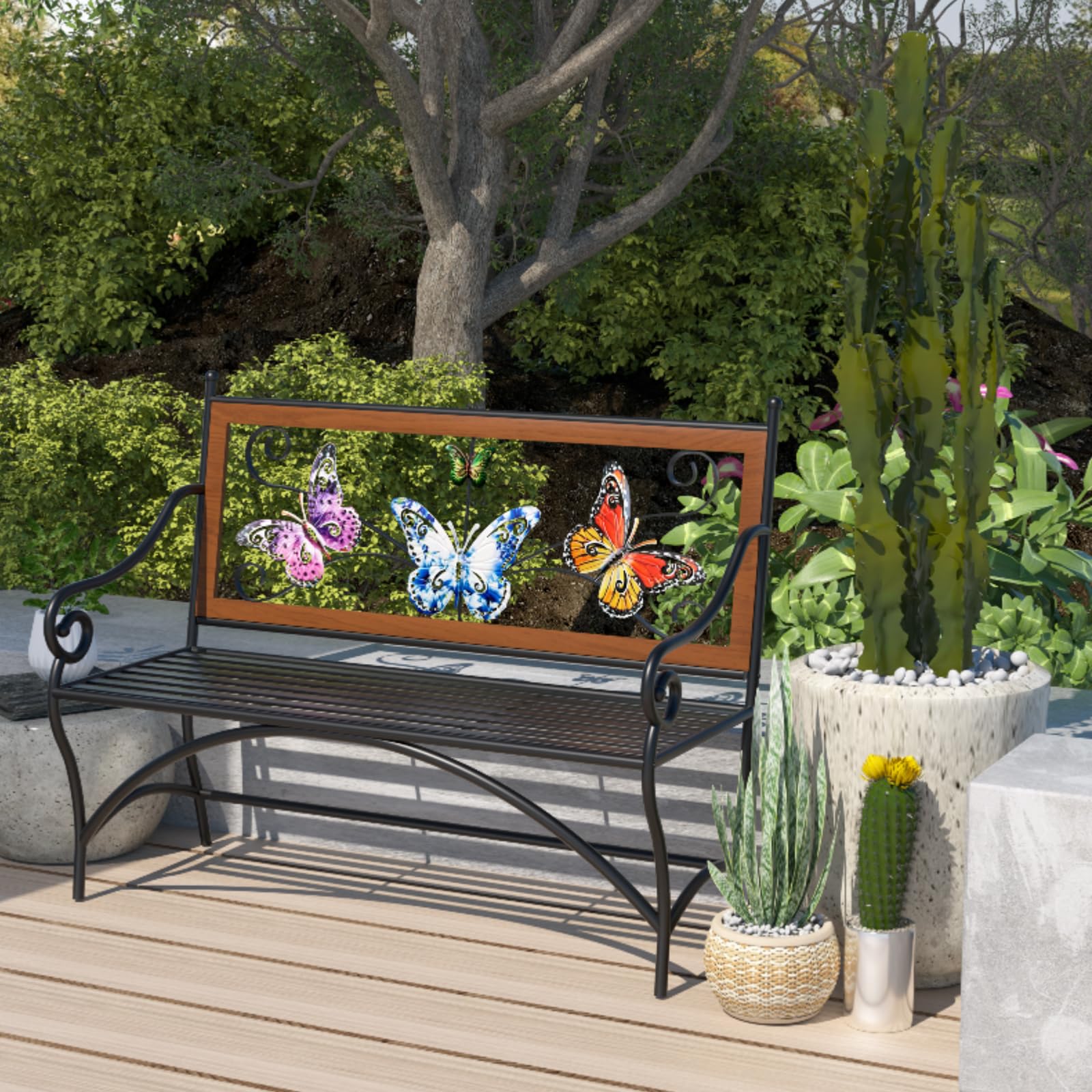 39.7" Outdoor Bench, Garden Bench, Patio Bench with Armrest, Slatted Seat and Butterfly