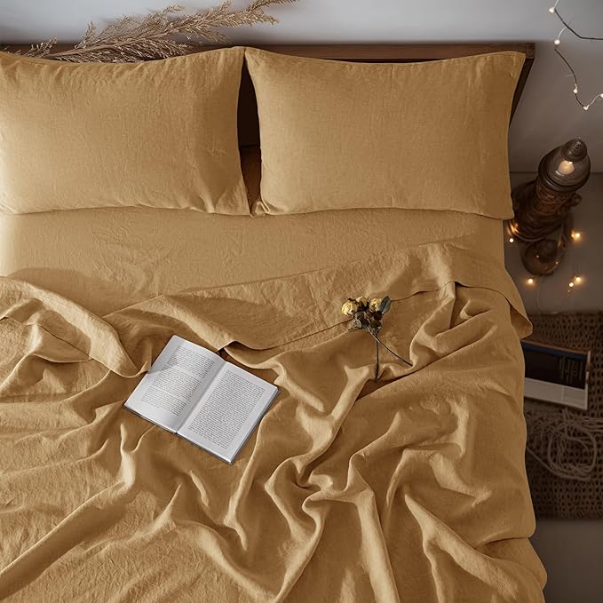 LBR02M 100% Linen Sheet Set King Size,Bed Sheets 4 Piece Sets, Solid Color Natural Flax Bed Sheets Soft Breathable Bedding,16" Deep Pocket,All Season (King, Linen)