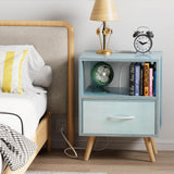 Night Stand with Charging Station, Blue Kids Nightstand with Drawer