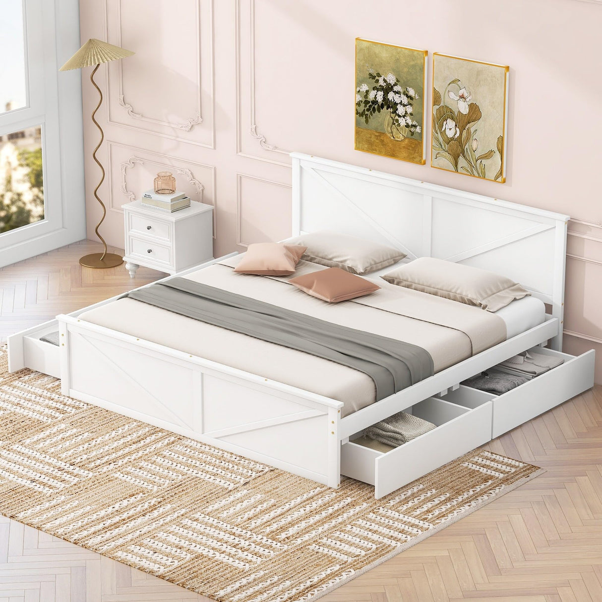 King Size Wooden Platform Bed White