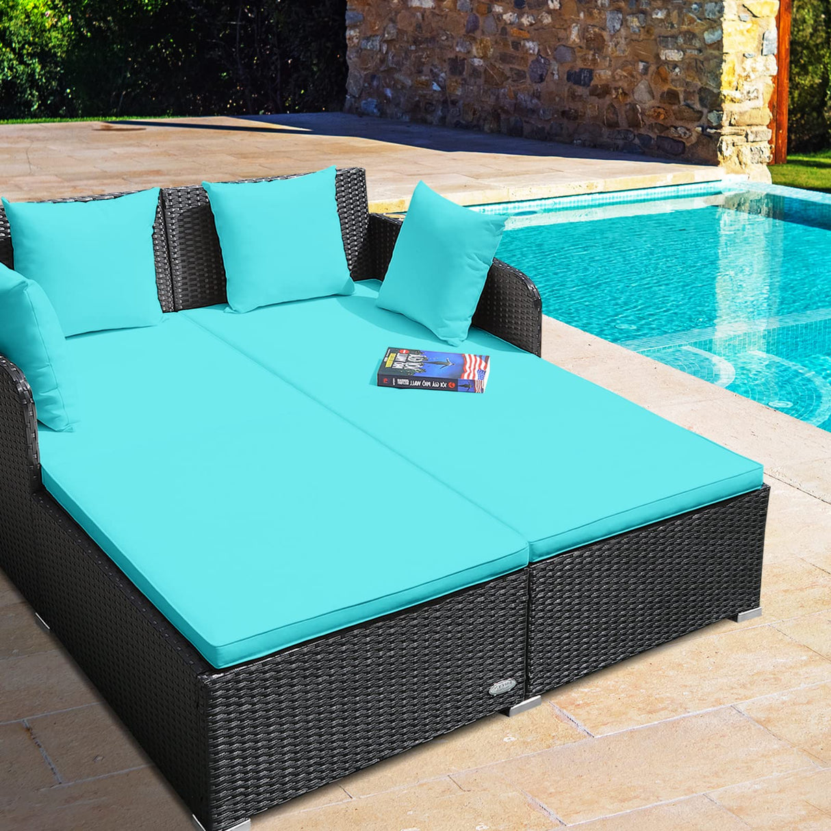 Rattan Patio Outdoor Daybed, Wicker 2-Person Sunbed Loveseat with Soft Cushions
