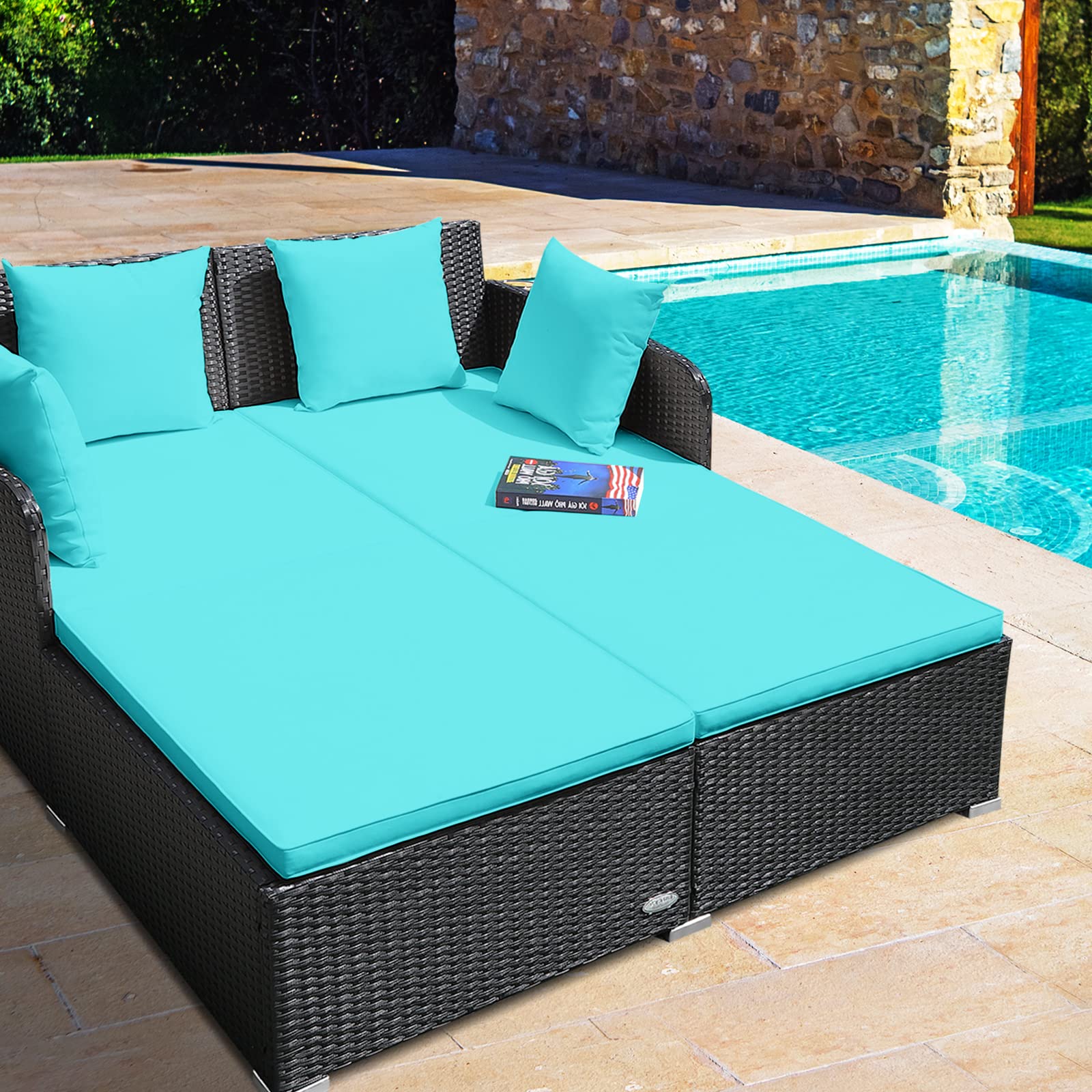 Rattan Patio Outdoor Daybed, Wicker 2-Person Sunbed Loveseat with Soft Cushions