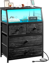 22" Wide Nightstand with Charging Station and LED Lights Black Nightstand Modern Night