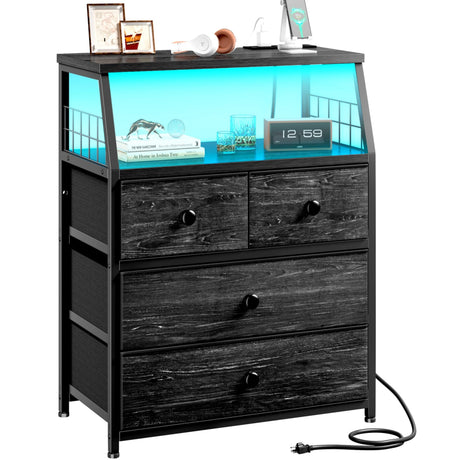 22" Wide Nightstand with Charging Station and LED Lights Black Nightstand Modern Night