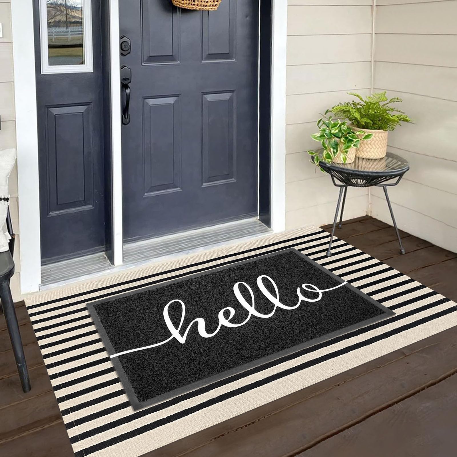KILOCOCO Beige Striped Rug - 3'X5' Front Door Mat Outdoor, Welcome Mats Rug Outdoor, Cotton Washable Front Porch Rug Layered Doormats for Front Porch/Farmhouse/Entryway